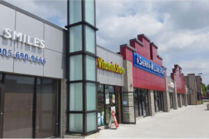 A row of storefronts including a vitamin store, dental clinic, and Sherwin-Williams Paints, with glass doors and windows under a partly cloudy sky.