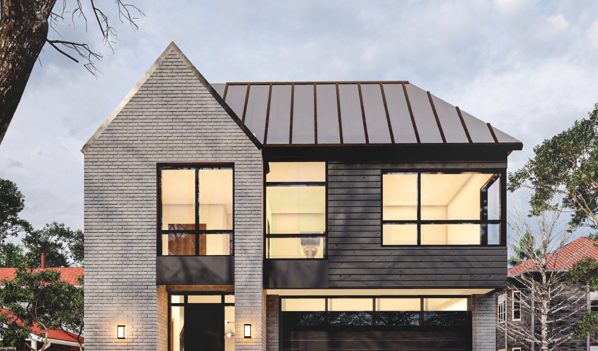 Modern two-story house with gray brick and dark wood exterior, large windows, and a metal gable roof, nestled among trees and neighboring homes in the desirable El Dorado Estates.