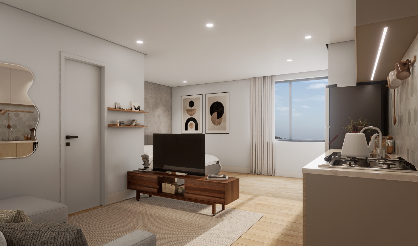 Modern studio apartment with a bed, sofa, TV stand, kitchen area, abstract wall art, light wood flooring, and a large window with a city view.