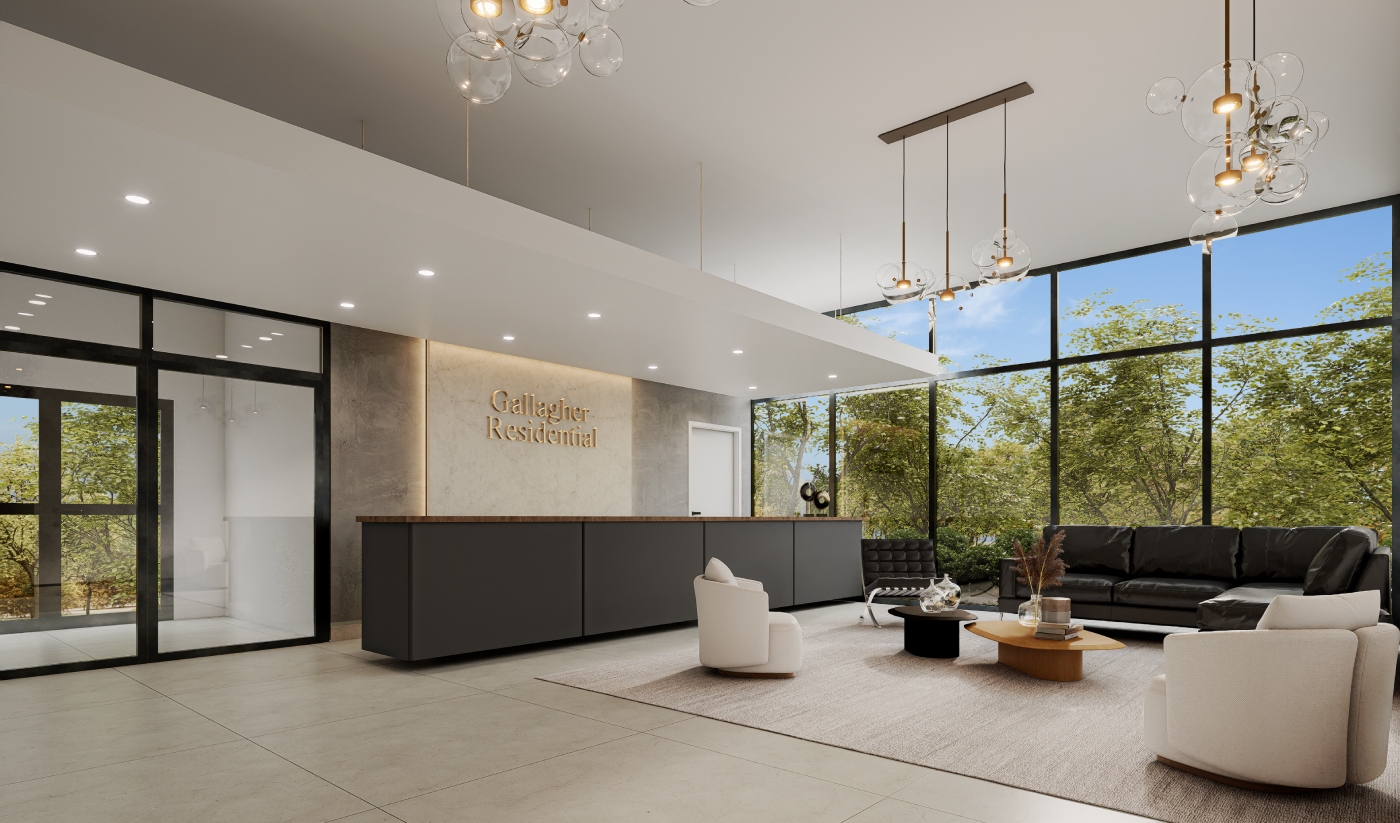 Modern office reception area with a long dark front desk, light seating, round coffee tables, large windows, and greenery visible outside.