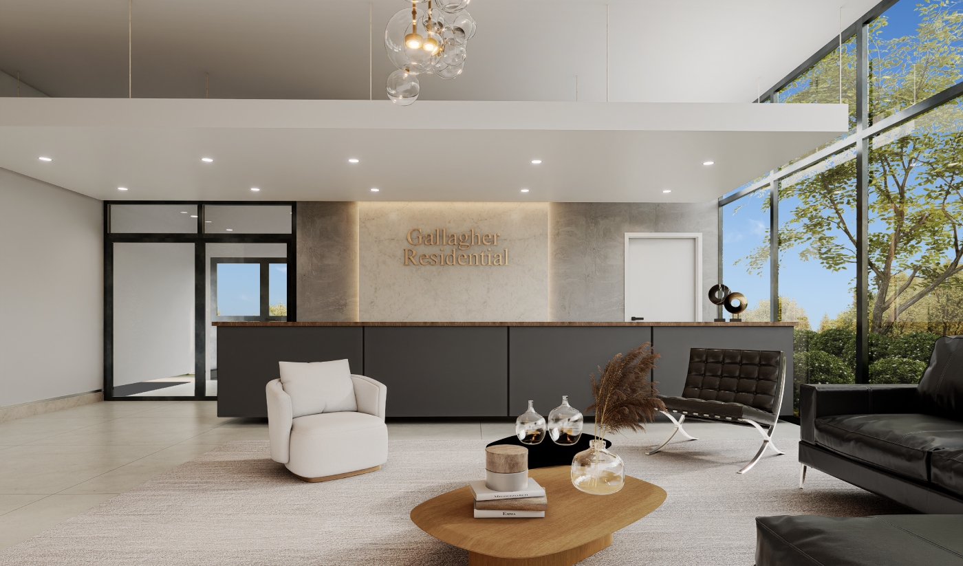 Modern reception area with a front desk, chairs, glass coffee table, and large windows showing trees outside. “Gallagher Residential” sign is mounted on the wall behind the desk.