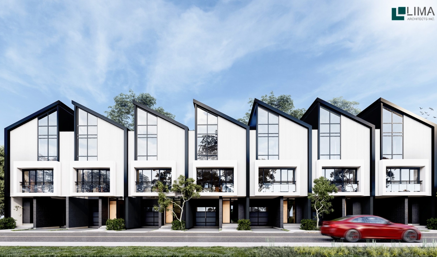 Row of modern, angular townhouses with large windows and black-and-white exteriors line 588 Barton Street; a red car drives past on the street in front.
