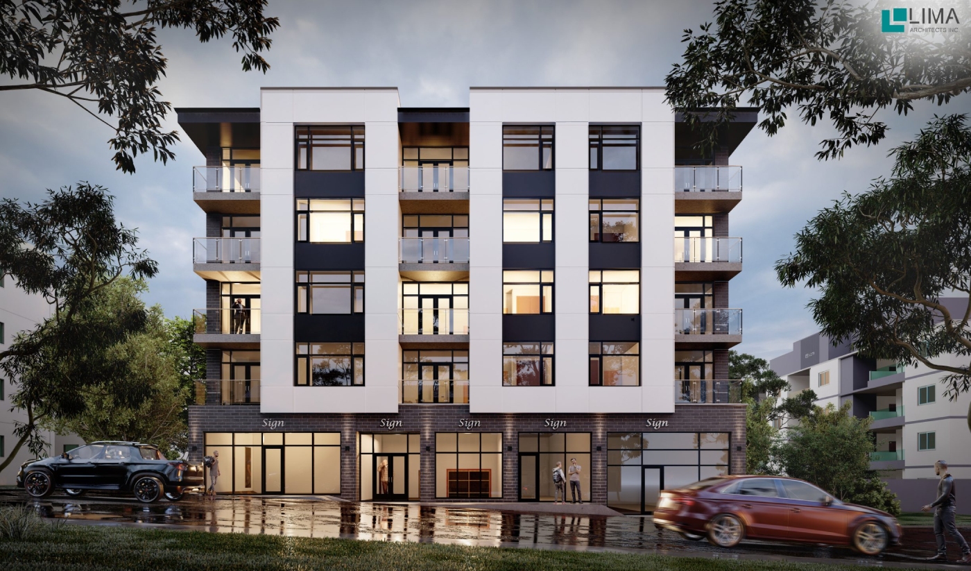 Four-story modern apartment building with balconies, glass windows, ground-floor retail spaces labeled “Sage,” and cars parked on the street in front. Trees line the surrounding area.