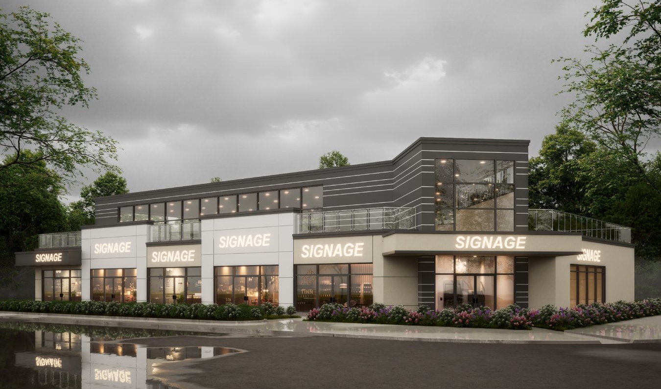 Two-story modern commercial building at 2008 Port Robinson Road, featuring illuminated “SIGNAGE” placeholders on the facade, large glass windows, balconies, and landscaping, set beneath a cloudy sky with wet pavement in front.