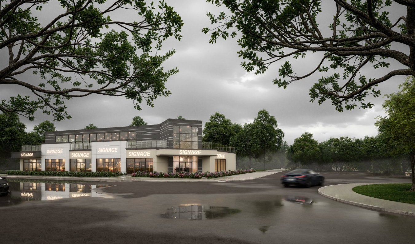 A two-story commercial building with large windows and “SIGNAGE” labels sits by a wet road under overcast skies at 2008 Port Robinson Road, surrounded by trees and parked cars.