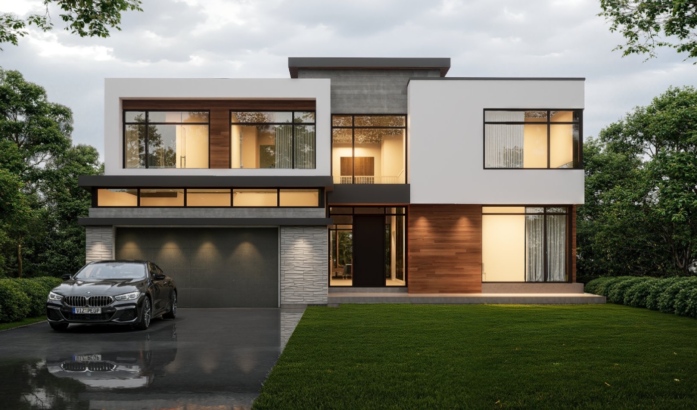 Modern two-story house with large windows, a mix of white, gray, and wood exterior, lawn in front, and a black car parked in the driveway at 1239 Stavebank Road.