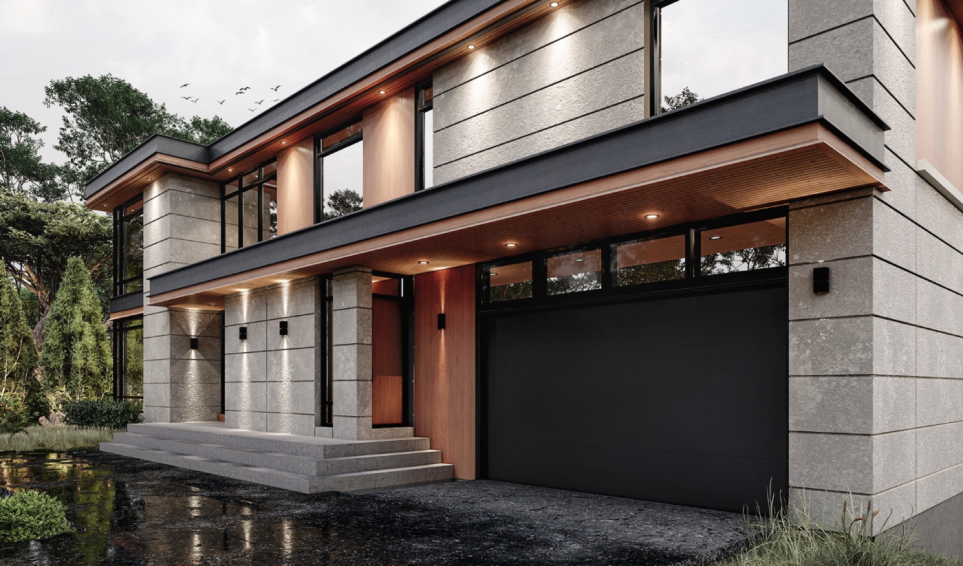 Modern two-story house at 1239 Stavebank Road with large windows, a flat roof, and a dark double garage door, surrounded by trees and wet pavement reflecting the building.