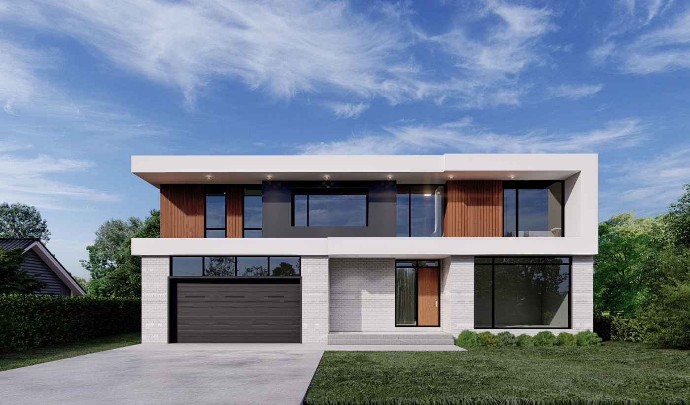 Two-story modern house at 4482 Cosburn Crescent with large windows, a flat roof, and a double garage, set against a blue sky with light clouds and surrounded by greenery.