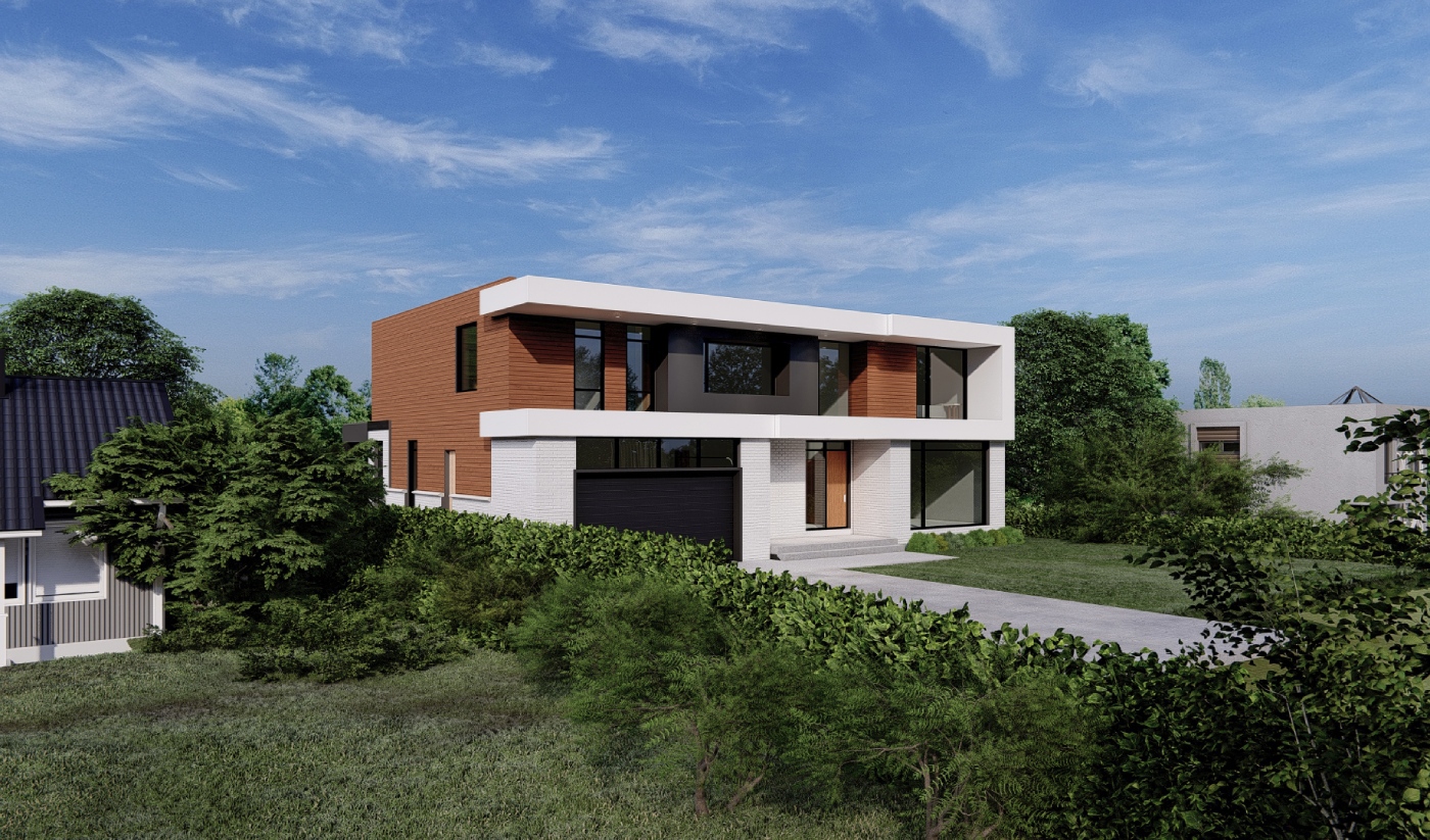 Modern two-story house at 4482 Cosburn Crescent with large windows, a flat roof, and wood accents, surrounded by greenery and a driveway under a blue sky with scattered clouds.