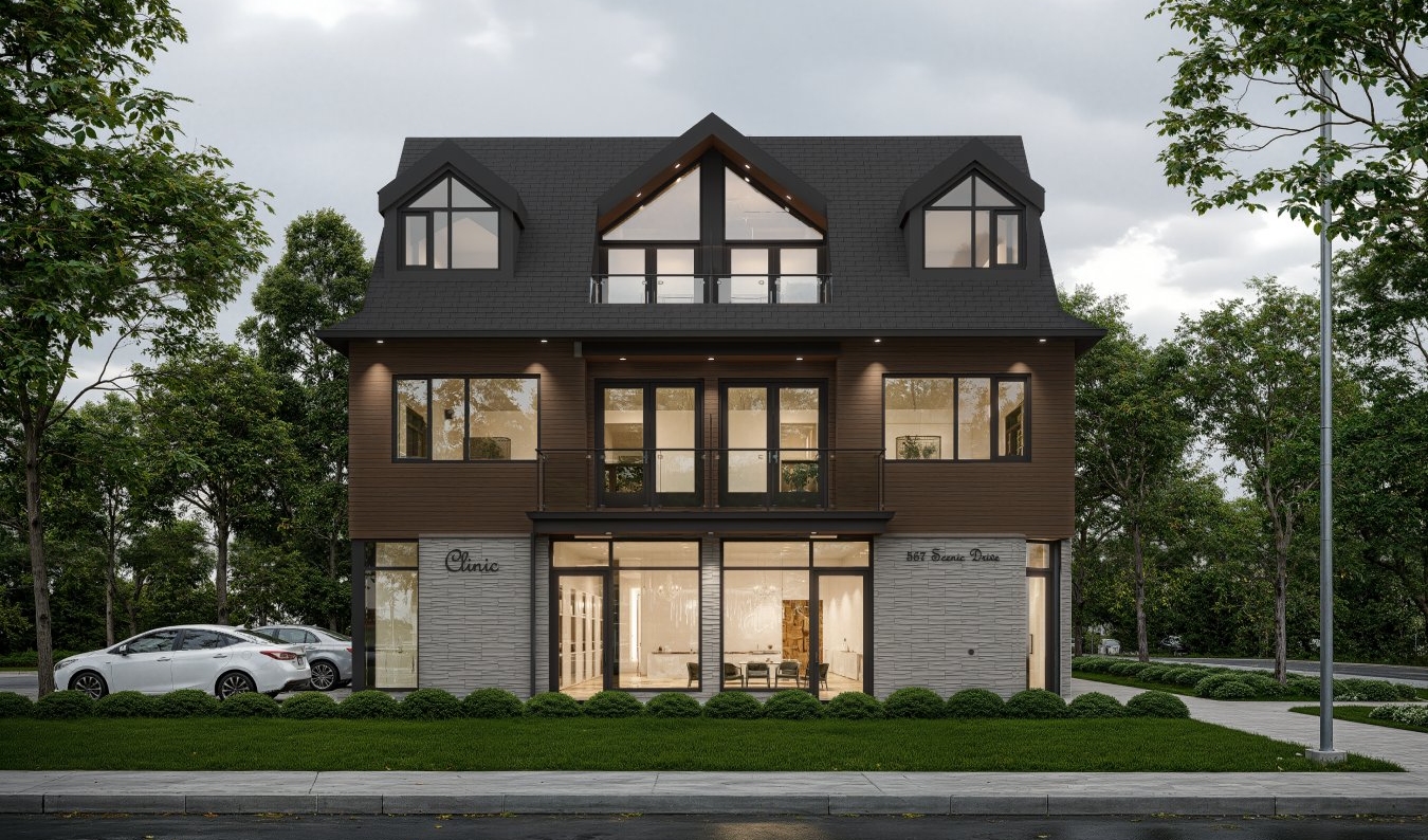 Three-story modern house at 4482 Cosburn Crescent with dark roof, large windows, and brick facade, surrounded by trees; two cars parked on the left; street and sidewalk in the foreground.