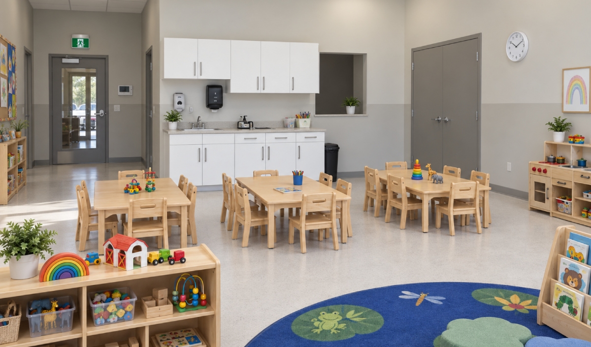 A tidy preschool classroom at 473 Dundas Street East with small wooden tables, shelves of toys and books, a kitchenette, and a blue rug with animal prints.