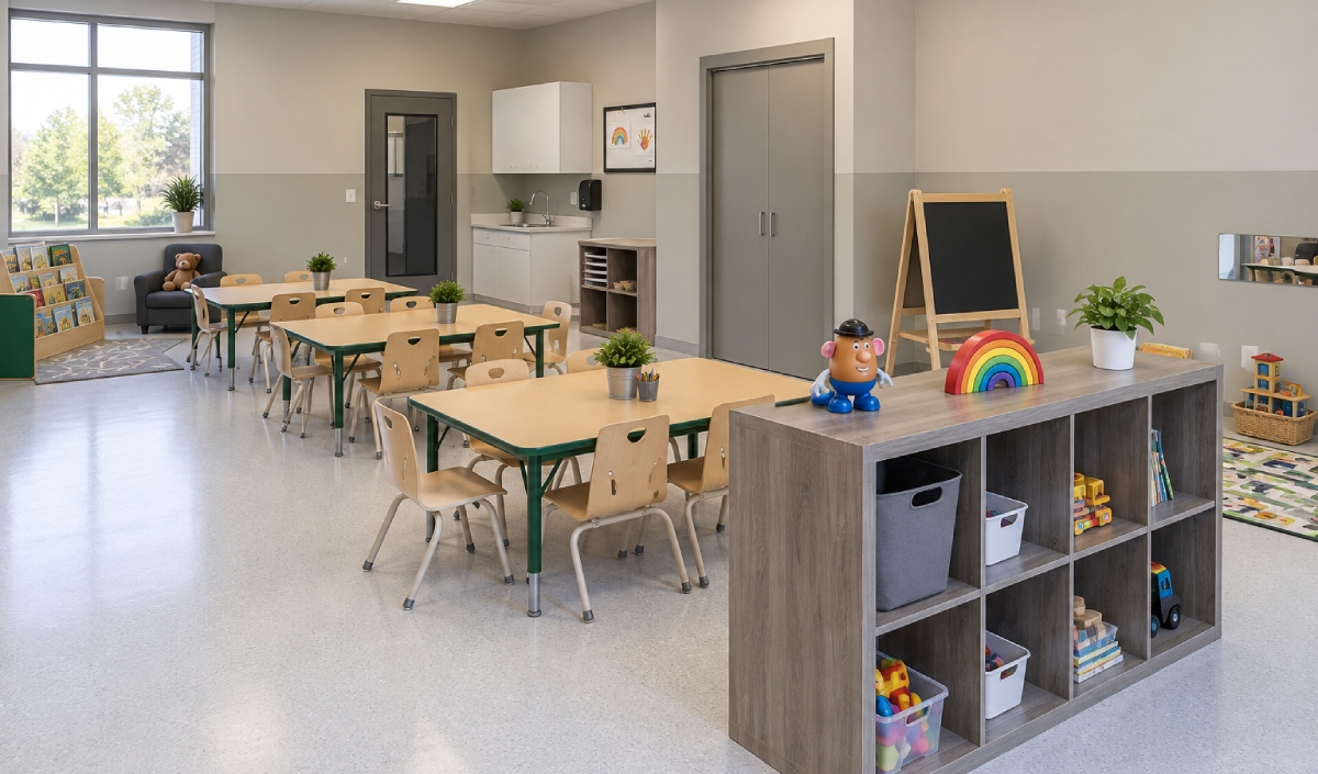 A preschool classroom at 473 Dundas Street East with small tables, shelves of toys, an easel, a cozy reading area, and large windows for natural light.