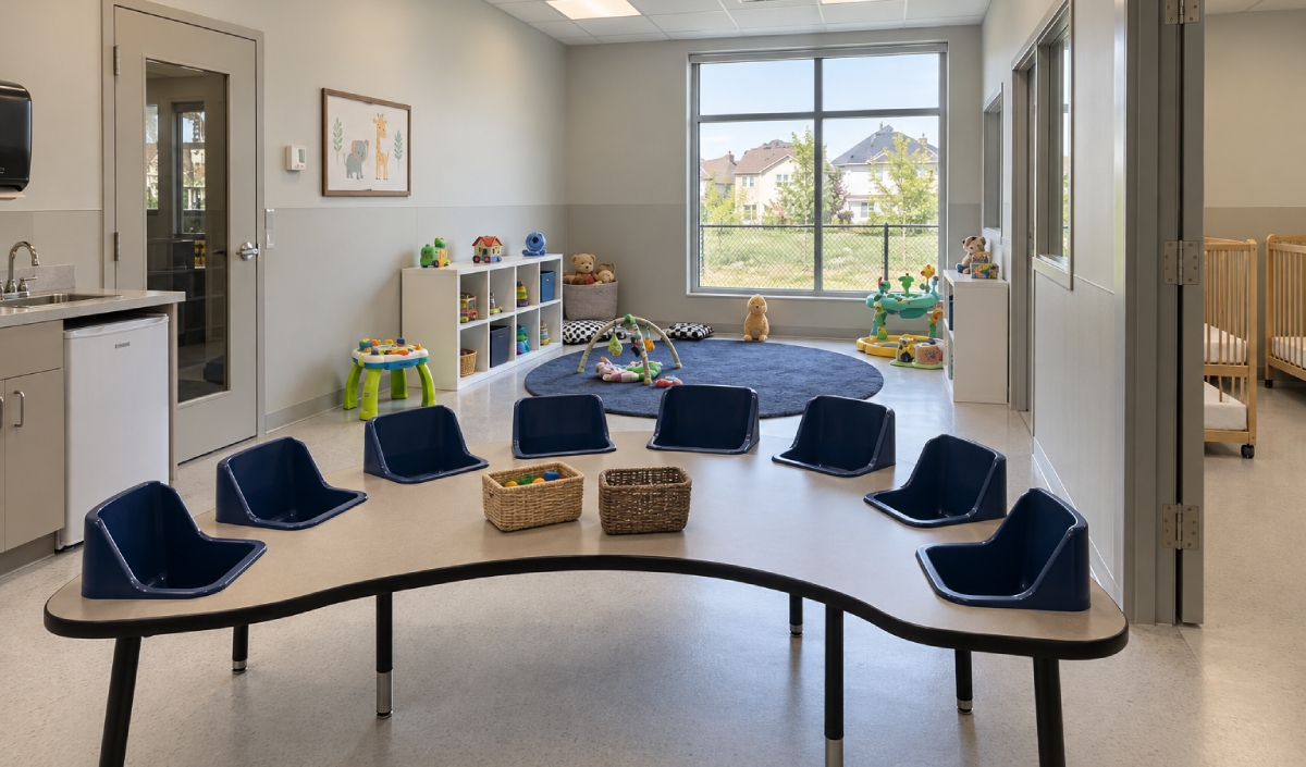 Daycare classroom at 473 Dundas Street East with a semicircular table and eight blue seats, toys and shelves in the background, plus a large window showing houses and trees outside.