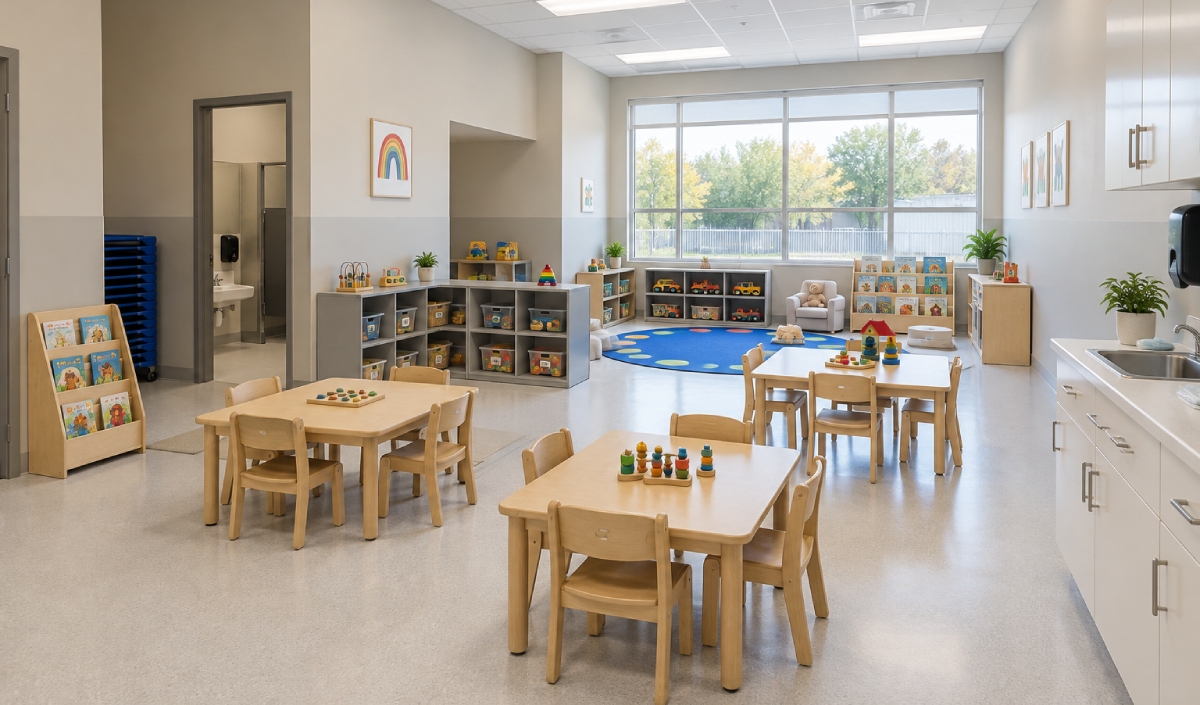 Spacious preschool classroom at 473 Dundas Street East with small tables, wooden chairs, shelves of toys and books, a blue rug, and large windows letting in natural light.