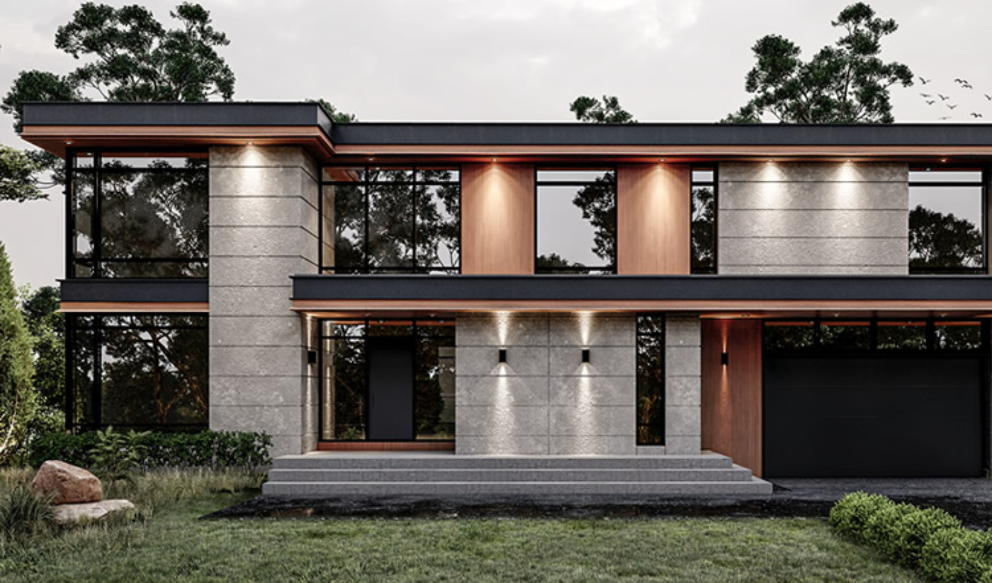 Modern two-story house at 1239 Stavebank Road with large windows, stone and wood exterior, flat roof, front steps, garage, and minimal landscaping with trees and shrubs in the background.
